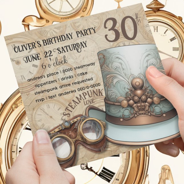 Steampunk Top hat och Goggles | Aqua och Copper Inbjudningar (Copper and aqua themed steampunk birthday party invitation with top hat and goggles. )