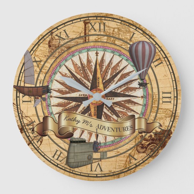 Steampunk Travel Antique Karta Compass Äventyr Stor Klocka (Framsida)