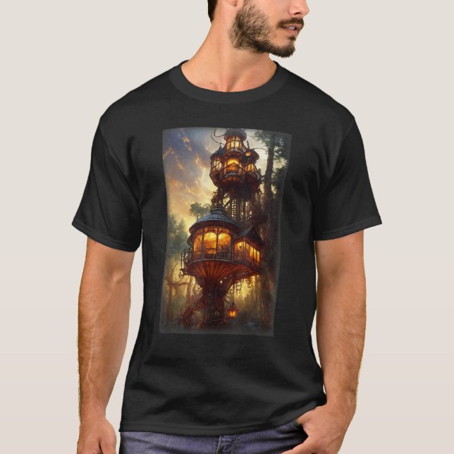 Steampunk Treehouse In A Forest T Shirt (Framsida)