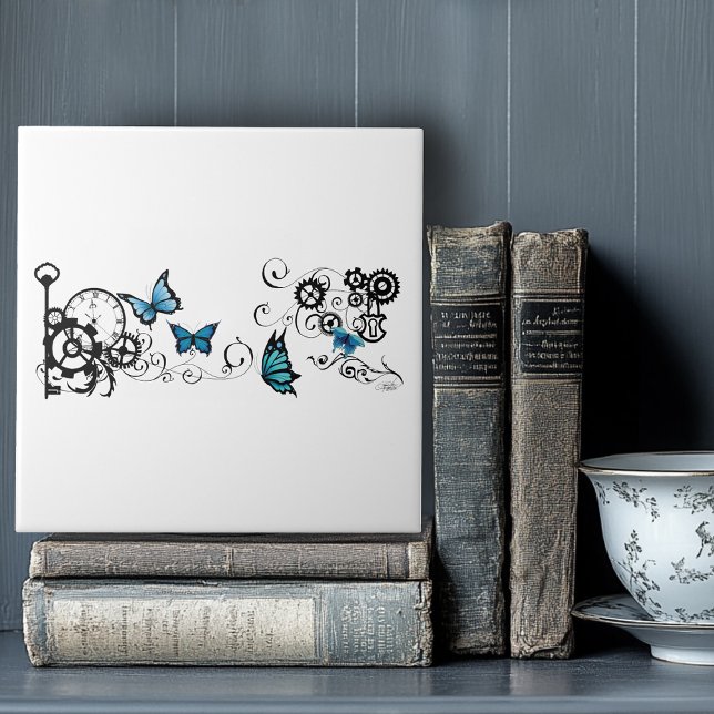 Steampunk Tribal Blue Butterflies Kakelplatta (Skapare uppladdad)
