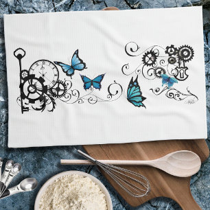 Steampunk Tribal Blue Butterflies Kökshandduk