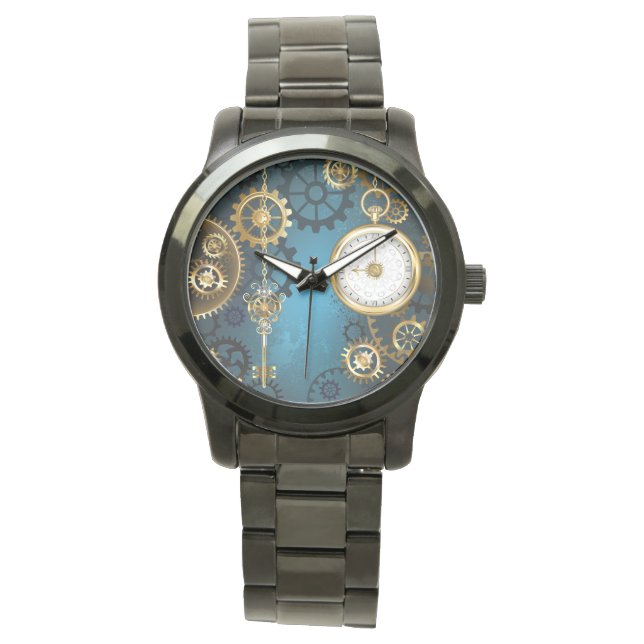 Steampunk turkos Bakgrund med växlar Armbandsur (Framsida)