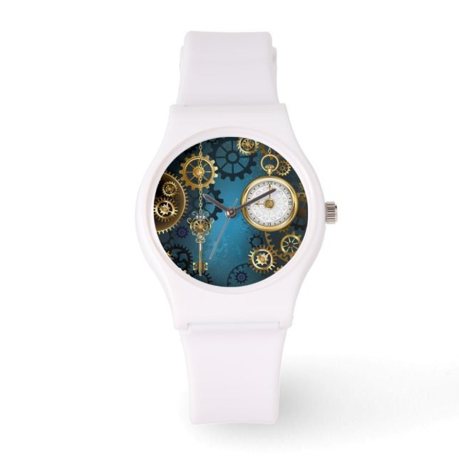 Steampunk turkos Bakgrund med växlar Armbandsur (Framsida)