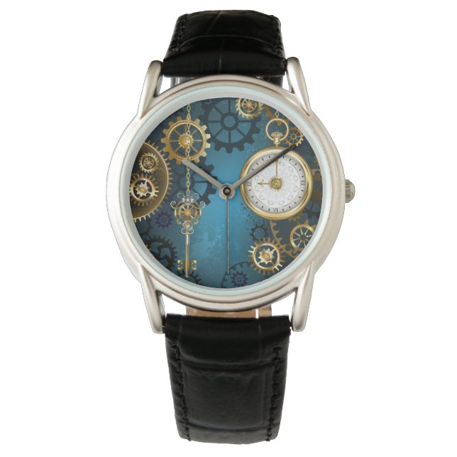 Steampunk turkos Bakgrund med växlar Armbandsur (Framsida)