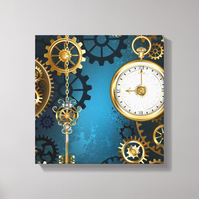 Steampunk turkos Bakgrund med växlar Canvastryck (Framsida)