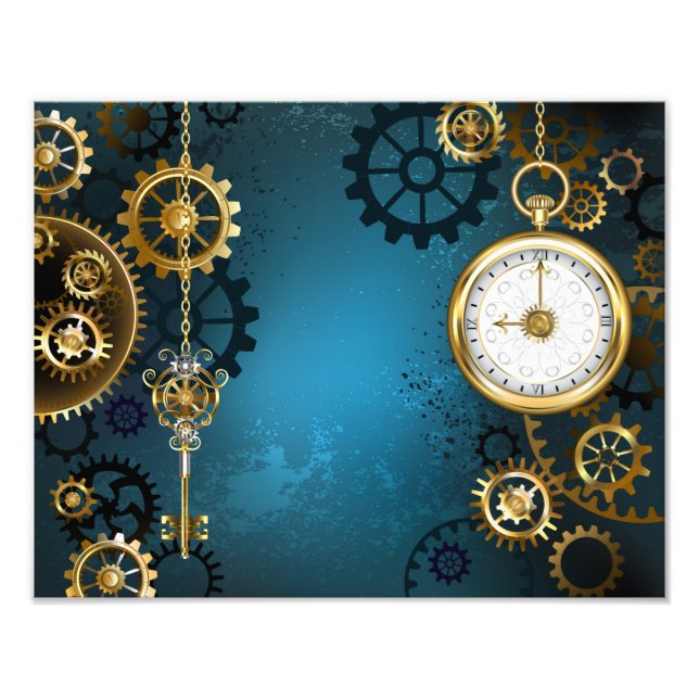 Steampunk turkos Bakgrund med växlar Fototryck (Framsidan)