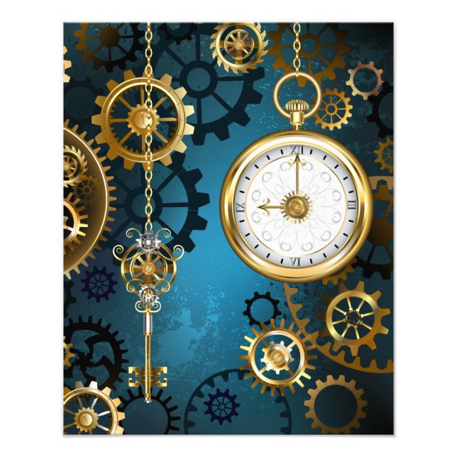 Steampunk turkos Bakgrund med växlar Fototryck (Framsidan)