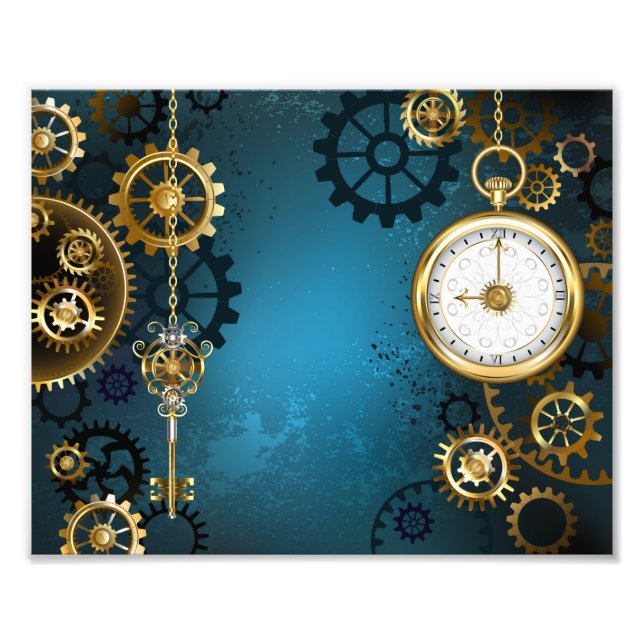 Steampunk turkos Bakgrund med växlar Fototryck (Framsidan)