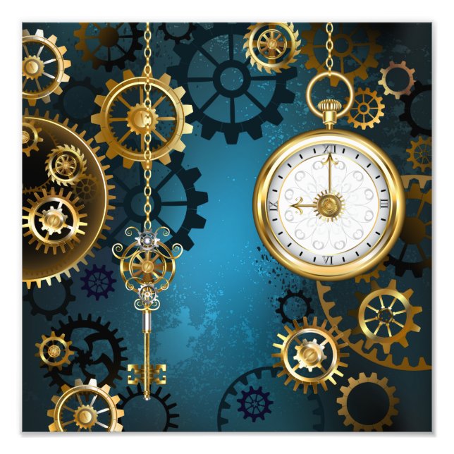 Steampunk turkos Bakgrund med växlar Fototryck (Framsidan)