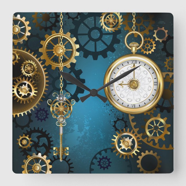 Steampunk turkos Bakgrund med växlar Fyrkantig Klocka (Framsida)
