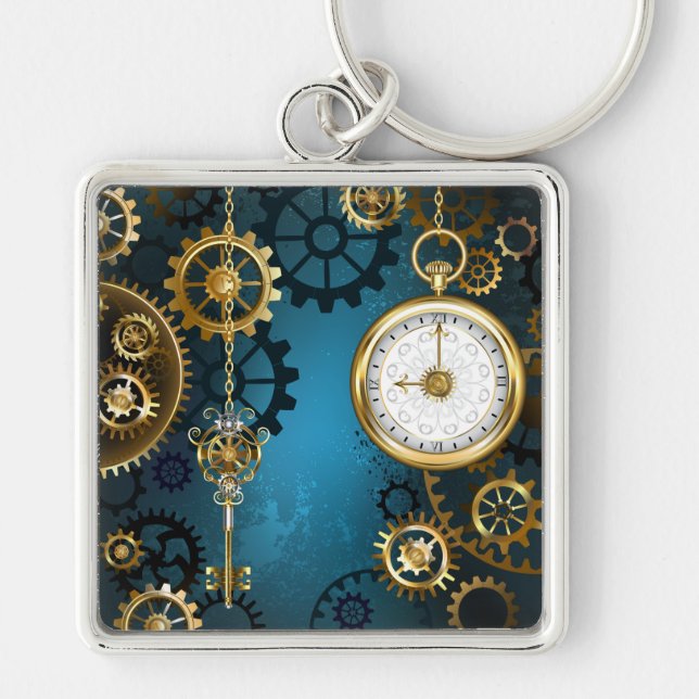 Steampunk turkos Bakgrund med växlar Fyrkantig Silverfärgad Nyckelring (Framsidan)