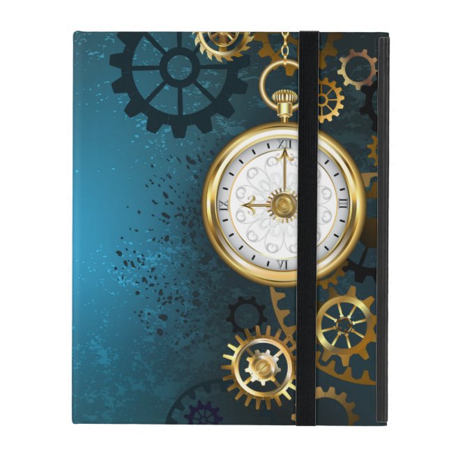 Steampunk turkos Bakgrund med växlar iPad Fodral (Framsidan Closed)
