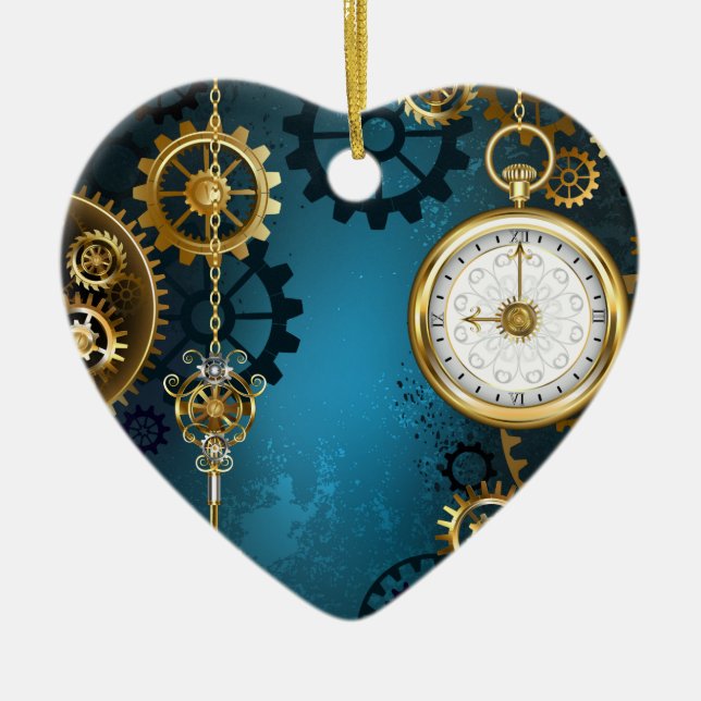 Steampunk turkos Bakgrund med växlar Julgransprydnad Keramik (Framsidan)