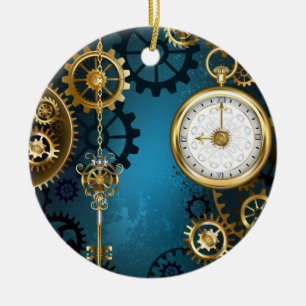 Steampunk turkos Bakgrund med växlar Julgransprydnad Keramik