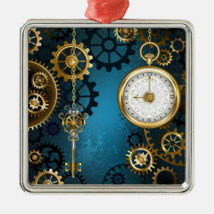 Steampunk turkos Bakgrund med växlar Julgransprydnad Metall