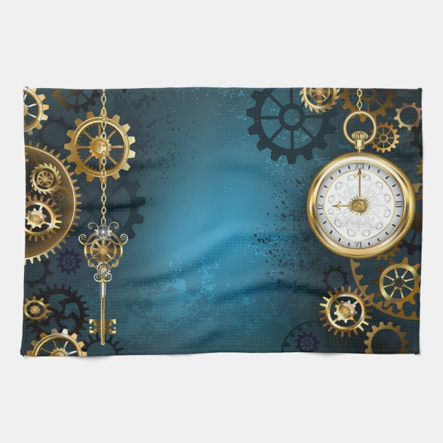 Steampunk turkos Bakgrund med växlar Kökshandduk (Horisontell)