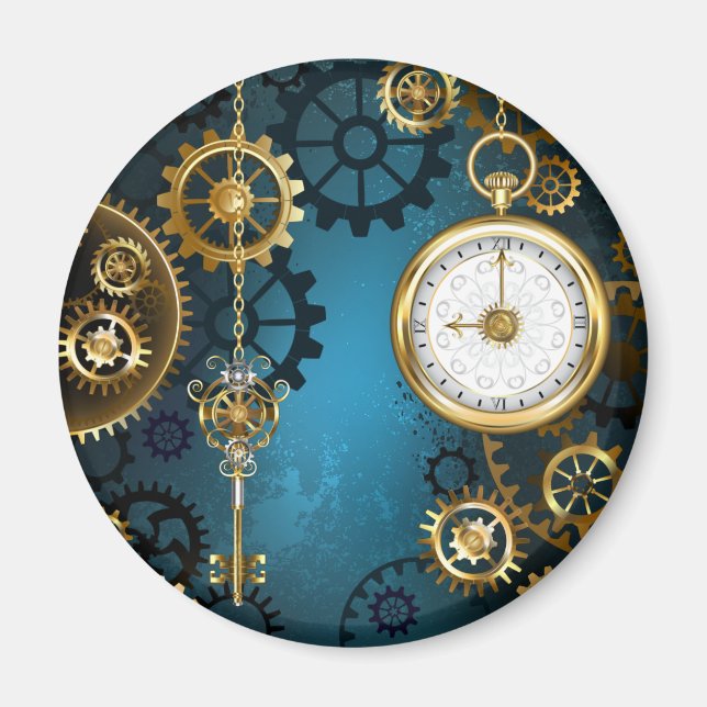 Steampunk turkos Bakgrund med växlar Magnet (Framsidan)