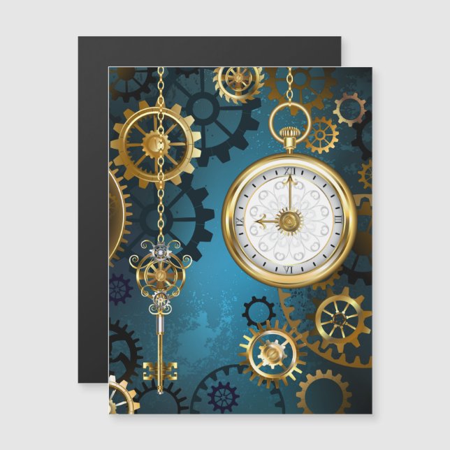 Steampunk turkos Bakgrund med växlar Magnetisk Inbjudningskort (Fram/baksida)