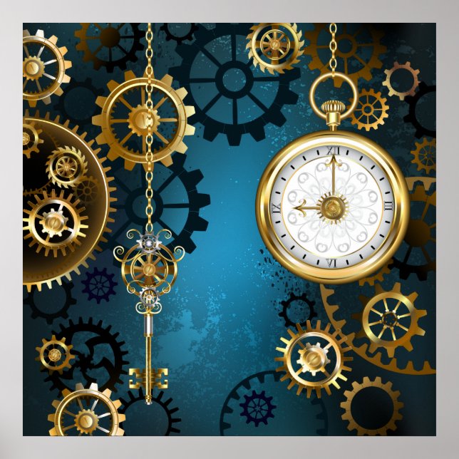 Steampunk turkos Bakgrund med växlar Poster (Framsidan)