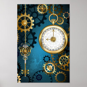 Steampunk turkos Bakgrund med växlar Poster
