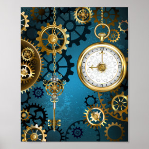 Steampunk turkos Bakgrund med växlar Poster
