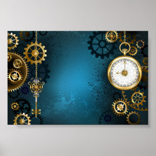 Steampunk turkos Bakgrund med växlar Poster