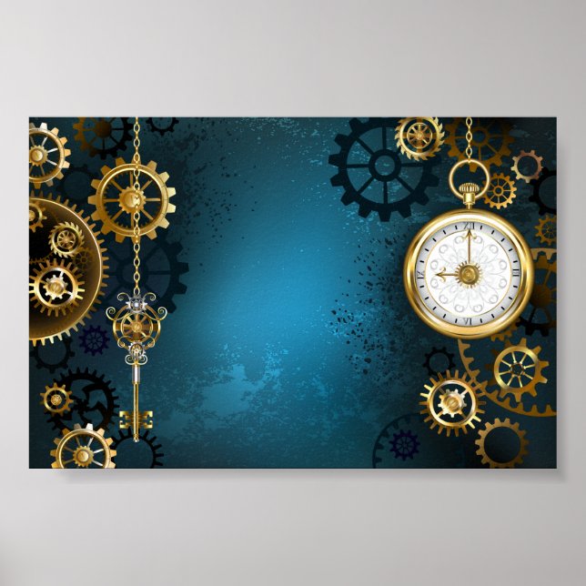 Steampunk turkos Bakgrund med växlar Poster (Framsidan)