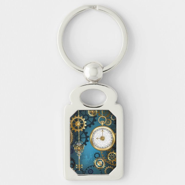 Steampunk turkos Bakgrund med växlar Rektangulärt Silverfärgad Nyckelring (Framsidan)
