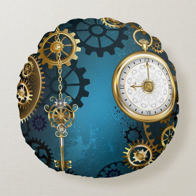 Steampunk turkos Bakgrund med växlar Rund Kudde (Framsidan)