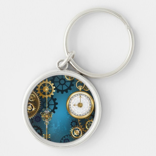 Steampunk turkos Bakgrund med växlar Rund Silverfärgad Nyckelring (Framsidan)