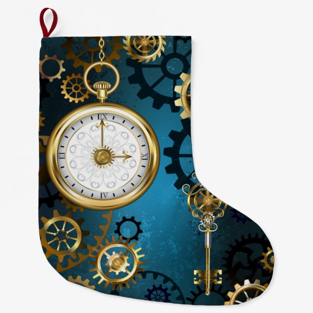 Steampunk turkos Bakgrund med växlar Stor Julstrumpa (Framsidan)
