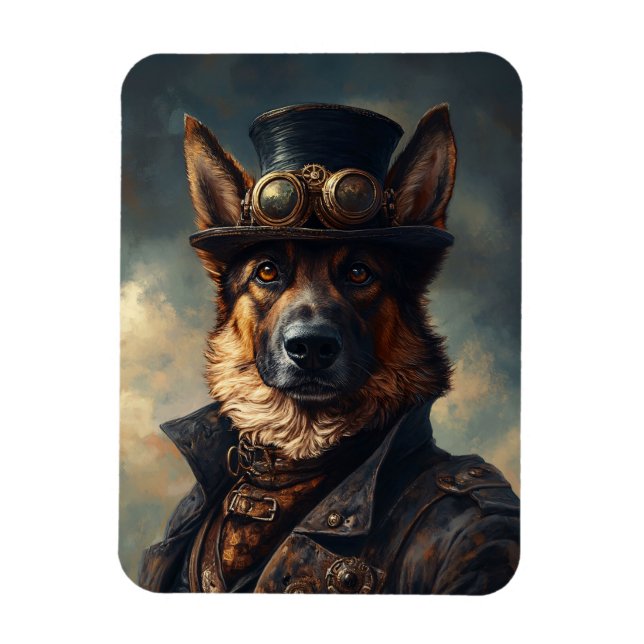 Steampunk tysk schäferhund i flexibel topp hatt magnet (Vertikal)