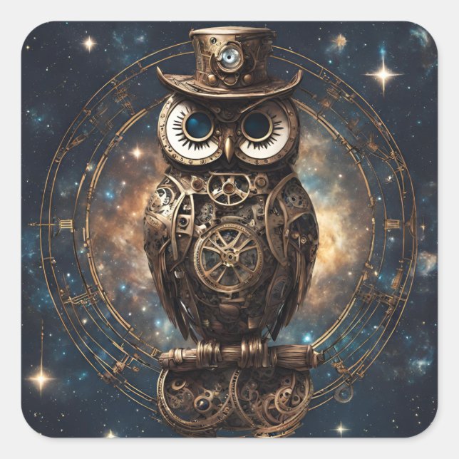 Steampunk Uggla Fyrkantigt Klistermärke (Framsida)