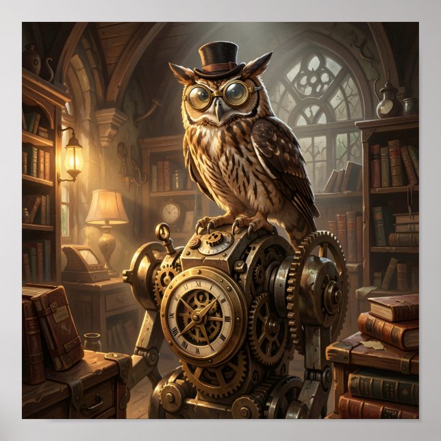 steampunk-ugglas klockverks-konstaffisch poster (Framsidan)