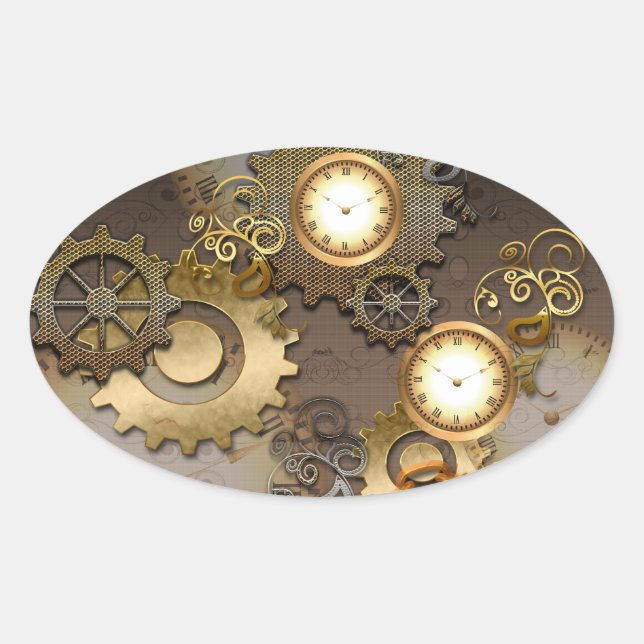 Steampunk, ur och växlar ovalt klistermärke (Framsida)