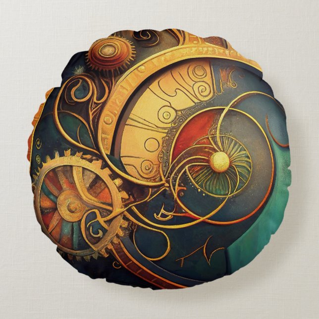 Steampunk Urverk Abstrakt Design Rund Kudde (Framsidan)