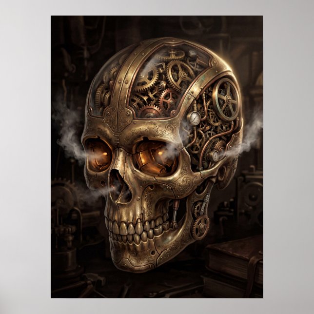 : Steampunk Urverk Skalle Mässing Kugghjul Gotisk  Poster (Framsidan)