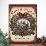 Steampunk Utandningsljus Röda band Cogs Jul Helgkort<br><div class="desc">Gör er redo för helgdagarna i elegant industriellt stil med detta Steampunk-julkort. I konstruktionen kombineras traditionellt inslag och nostalgia med invecklade kuggar och växlar från industriella viktoriska tider. Den klassiska evergreen-andean dekoreras med pinekoner, rött band och poinsettia-blomma - liksom lagrar i metallmaskiner. I centrum av utandningen finns det fler maskiner...</div>