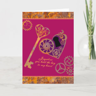 Steampunk Valentine Rusty Gears Heart Nyckel och L Helgkort