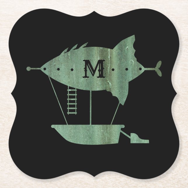 Steampunk Verdigris Bronze Airship Monogram Underlägg Papper (Framsida)