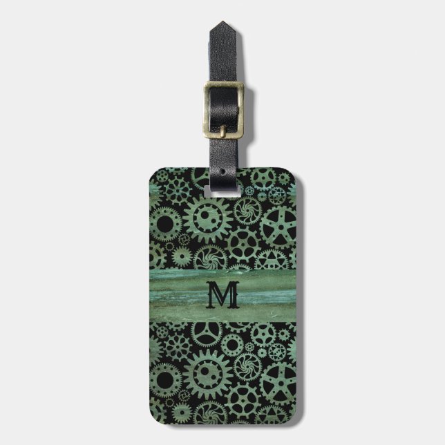 Steampunk Verdigris Bronze Gears Monogram Bagagebricka (Vertikal Framsida)