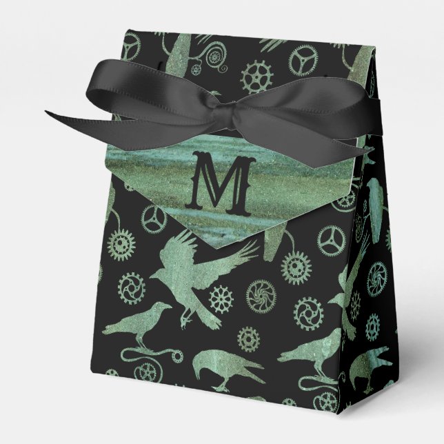 Steampunk Verdigris Kugghjul och Kråkor Monogram Presentaskar (Framsidan Sidan)