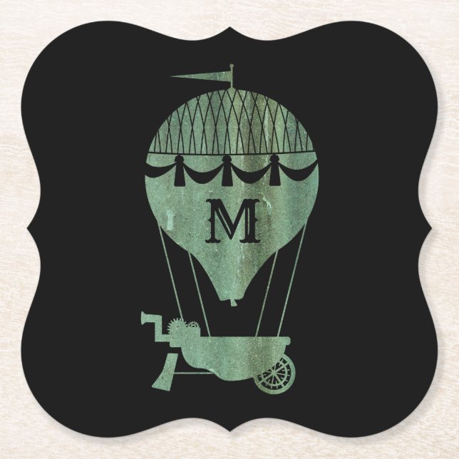 Steampunk Verdigris Luftballong Monogram Underlägg Papper (Framsida)