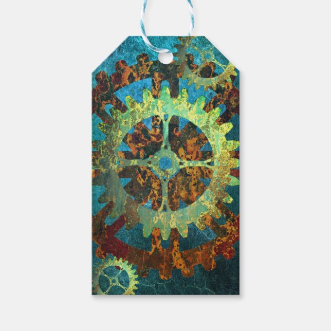 Steampunk Verdigris Rusty Coghjul Presentetikett (Framsidan)