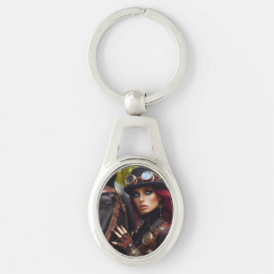 Steampunk Victorian Dam Mörk Rider Ovalt Silverfärgad Nyckelring