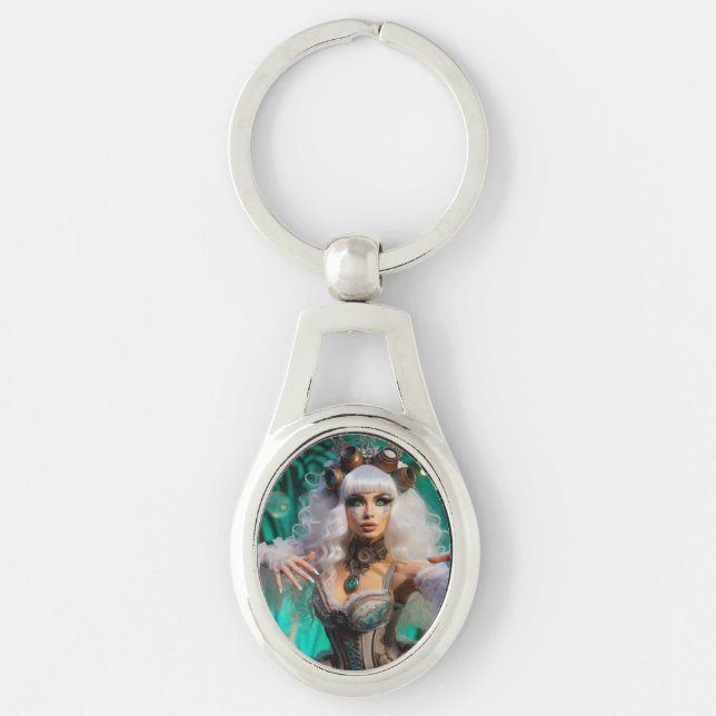 Steampunk Victorian Futuristiska Grönt Dancer Ovalt Silverfärgad Nyckelring (Framsidan)