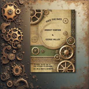 Steampunk Victorian Gearwork Bröllop säkra datumet Inbjudningar