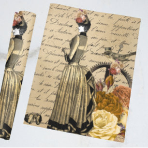 Steampunk Victorian Guld Script Dam Woman Bird Presentpapper
