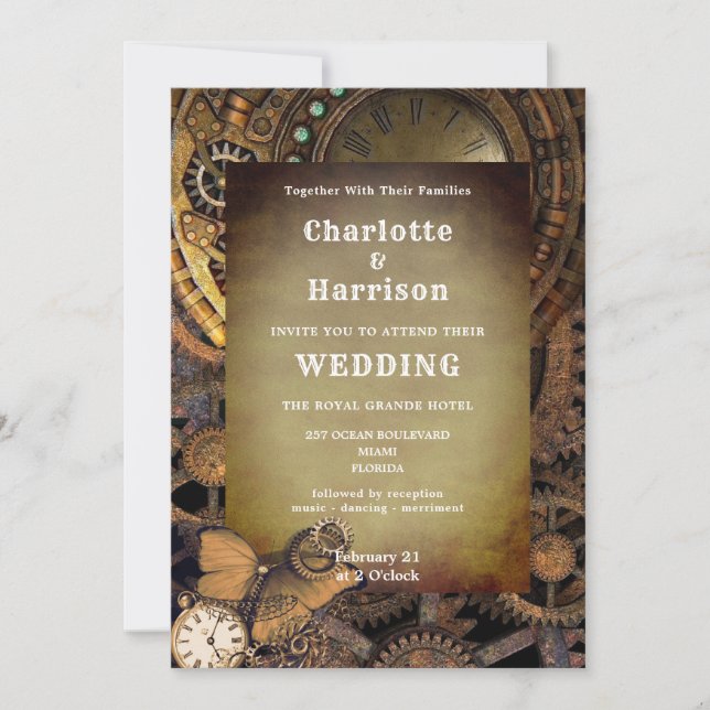 Steampunk Vintage Mekaniska Kugghjul Fjäril Inbjudningar (Framsida)