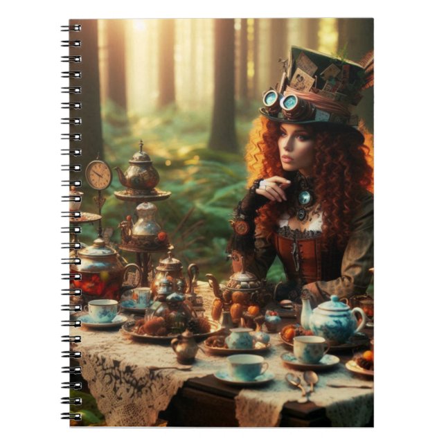 Steampunk Vintage Victorian Dam Mad Hatter Anteckningsbok (Framsidan)